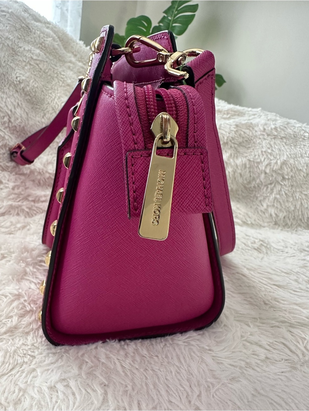 Michael Kors Magenta Studded Saffiano Leather Satchel - Picture 2 of 8